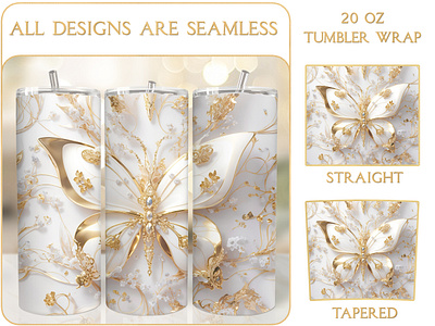 Luxury Golden White Butterfly 20 Oz Tumbler Sublimation lux skinny tumbler printable tumbler wrap design