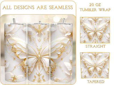 Luxury Gold White 20 Oz Butterfly Tumbler Sublimation butterfly tumbler design
