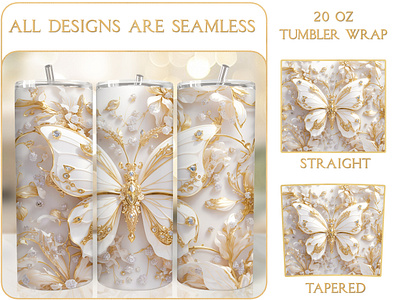 Luxury Gold White Butterfly 20 Oz Tumbler Sublimation butterfly tumbler design