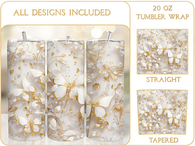 Luxury Gold White Butterfly 20 Oz Tumbler Sublimation butterfly tumbler design