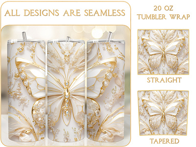 Luxury Golden White Butterfly 20 Oz Tumbler Wrap Sublimation lux skinny tumbler printable tumbler wrap design