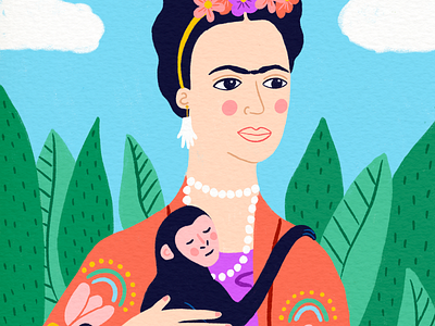 Frida with Monkey artist bright female feminist frida fridakahlo illustration jungle monkey nature portrait procreate