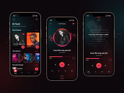 Music streaming mobile app buttons cards color dark mode explore home page icons illustration languages lyrics music app options play songs ui vibrant