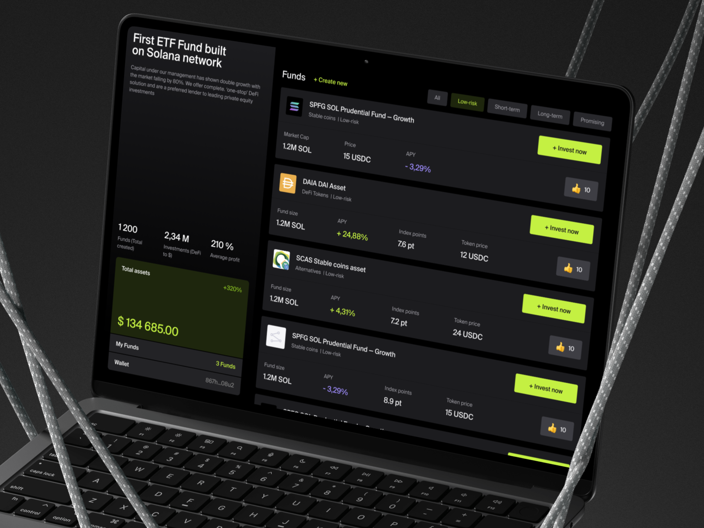 First ever DTF Fund built on top of Solana blockchain balance bank account cards case study dashboard finances fund futuristic home page listing money n26 p2p revolut robinhood solana sp500 transactions wallet wise