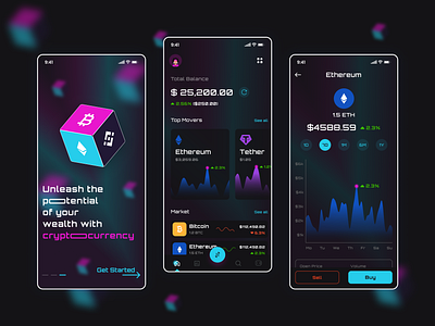 Cryptocurrency trading mobile app 3d animation bitcoin button buy and sell carousel cryptocurency cta dark mode data visualization ethereum graphs icons illustration nav bar profile refresh stats stock market ui