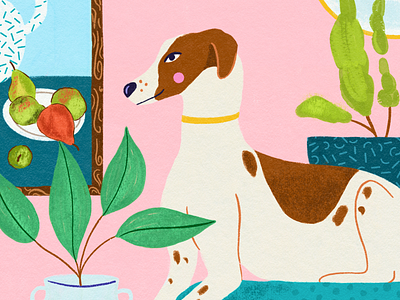 Whippet on a Blue Chaise animal digital dog frame illustration indoors interior nature organic painting pink plants procreate vase whippet