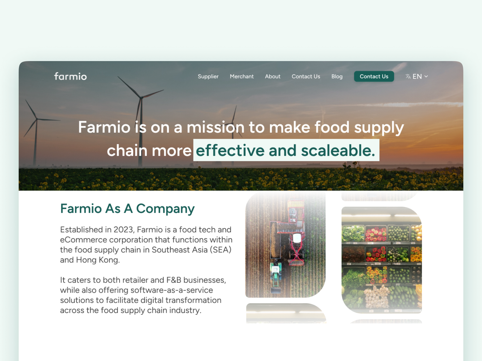 Farmio About Page: Food Supply Chain SaaS ui