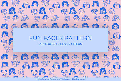 Fun Faces Seamless Pattern blue and pink cartoon characters faces fun fun pattern funny faces modern pattern