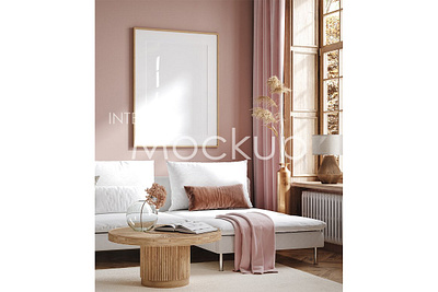 Frame mockup in home interior background design frame mockup in home interior furniture home interior living mockup modern nobody pink poster room scandinavian sofa style wall white wooden