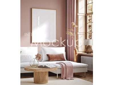 Frame mockup in home interior background design frame mockup in home interior furniture home interior living mockup modern nobody pink poster room scandinavian sofa style wall white wooden