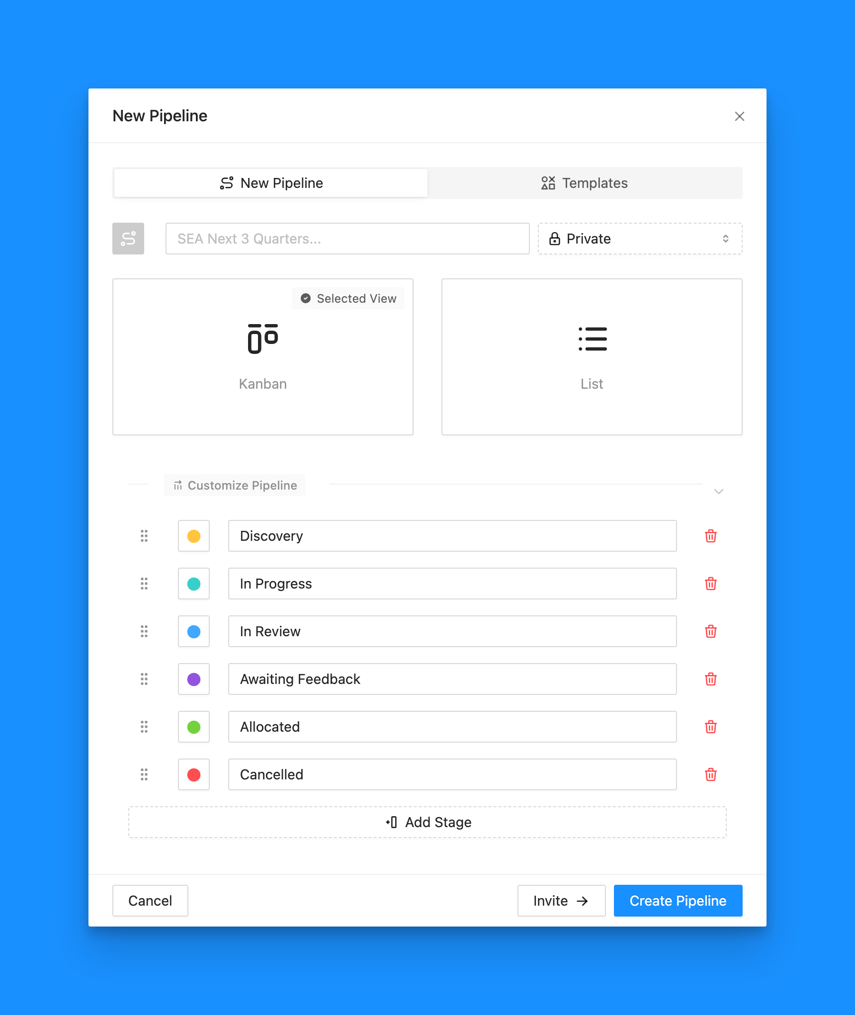 Countercyclical · Pipelines · Create Pipeline (New Pipeline) clean colors countercyclical design enterprise finance graphic design kanban list minimal modal palette stages ui views