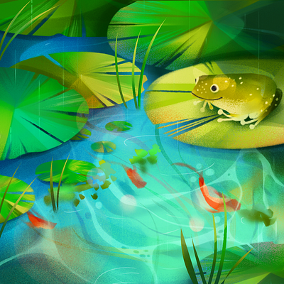 Spring Rain. animal illustration clear water fish frog frog illustration lake lily pads pond spring spring rain water