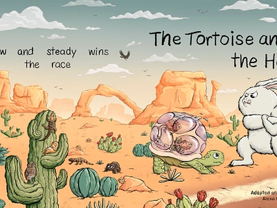 Tortoise and the Hare childrens book desert illustration rabbit tortoise and the hare turtle