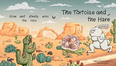Tortoise and the Hare childrens book desert illustration rabbit tortoise and the hare turtle