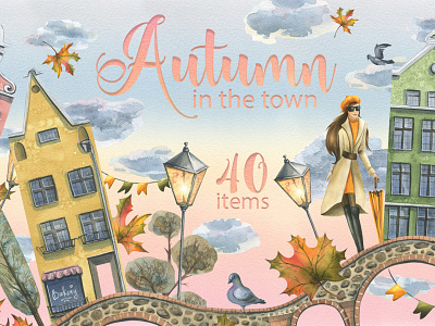 Cute houses in autumn watercolor clipart historical