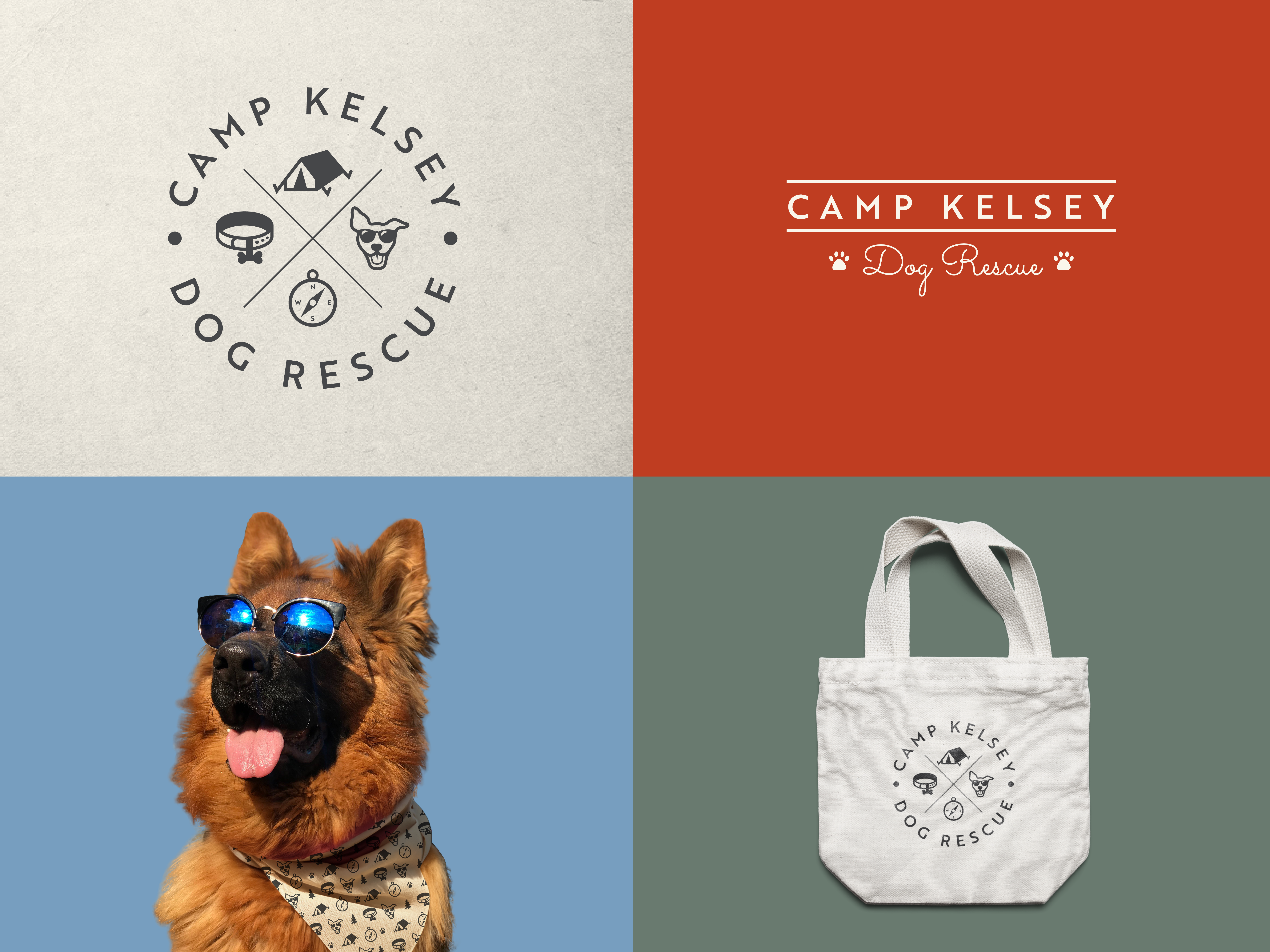 Camp Kelsey | Brand Identity adobe illustrator animals bag bandana brand design brand identity brand pattern branding camping color palette dog rescue dogs graphic design icons logo pets shelter social media vector vintage