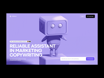 AI copywriting service website design [Spline 3D] 3d ai branding copywriting hero marketing minimalism modern purple robot service spline ui