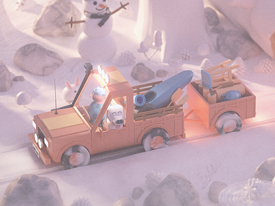 SNOW ROAD 3d 3d animation 3d illustration 3d modeling 3d render animation car character forest illustration rabbit render rock rocks snow snowman travel trip truck winter