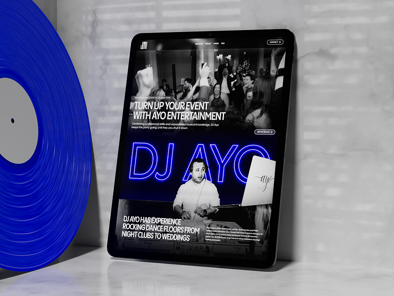 Homepage For DJ Website 3d black blue branding dark dj glow graphic design logo music neon records ui ux web web design webflow website wedding dj weddings