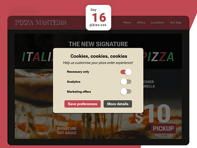Day 16 UI Challenge: Pop-Up Overlay app cookies customise daily challenge design marketing online online order overlay pizza pop up preferences settings ui ui design website