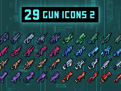 Free Guns Icon 32×32 Pixel Pack 2d 32x32 asset assets cyberpunk game game assets gamedev gun guns icon icone icons indie indie game pixel pixelart pixelated set weapon