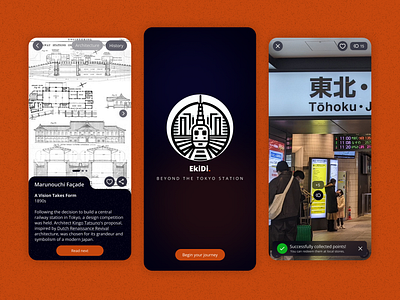 EkiDi. | AR Mobile App for Tokyo Station ar architecture augmented reality branding design challenge gamification history home screen interaction design logo mobile app notifications onboarding points product design tokyo station train station ui design ux design visual design