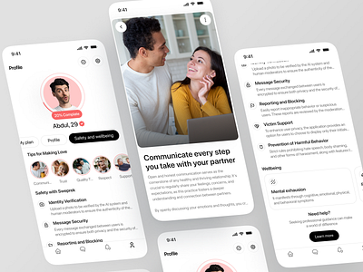 Sweprek - Profile (Safety and wellbeing) branding concept couple date dating app design figma homepage illustration landing page match finder matches mobile ui ui design user interface