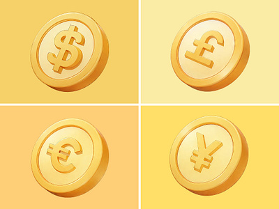 Gold Coin Icon Cartoon Illustration 3d cartoon coin cute design dollar euro gold icon illustration money pastel pound rendering yen