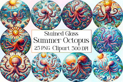 Stained Glass Summer Octopus Sublimation cartoon