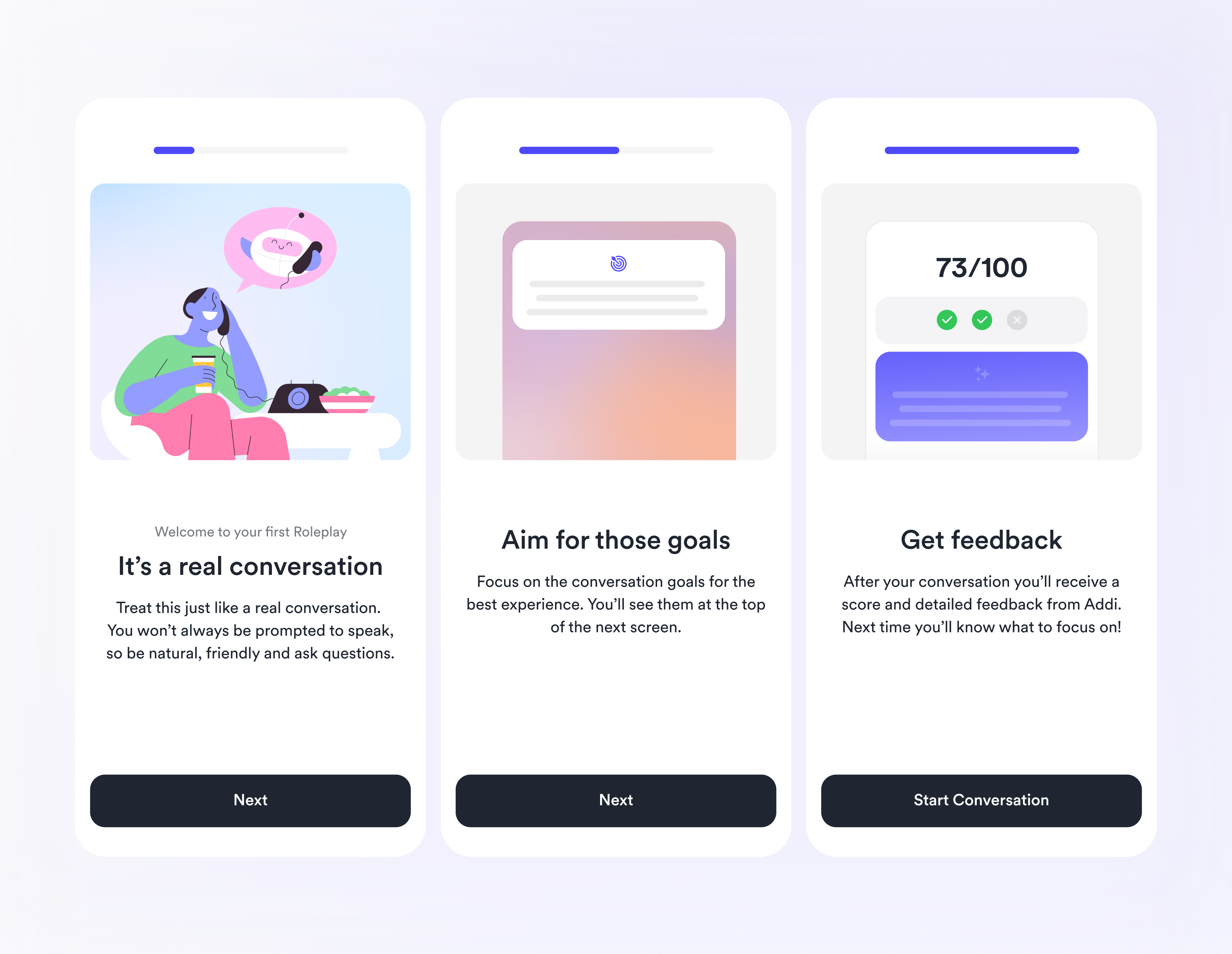 AI voice call onboarding ai app design button call conversation design feedback language learning onboarding open progress ui voice