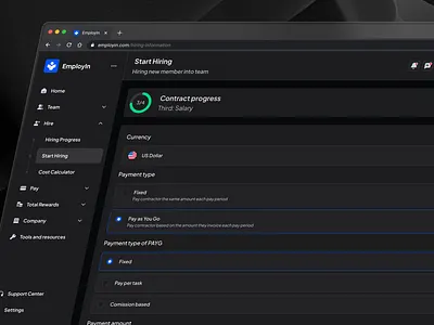 Start Hiring | HR Management Dashboard cansaas contract progress dark theme dashboard design employee hiring hr hr management minimal peyment product design saas setting ui ux web design