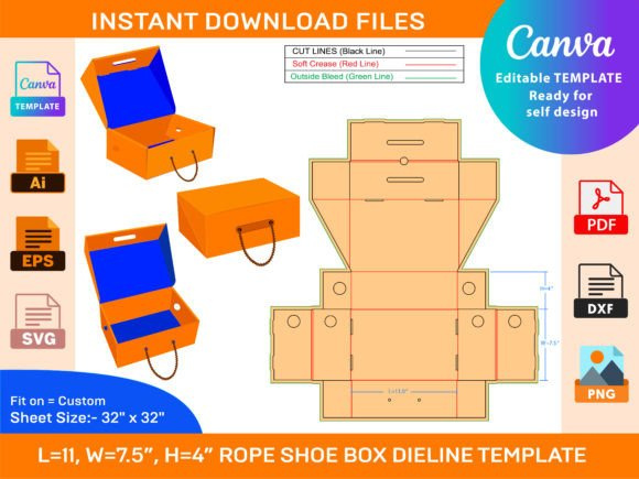 Rope Handle Shoe Box Dieline Small Size