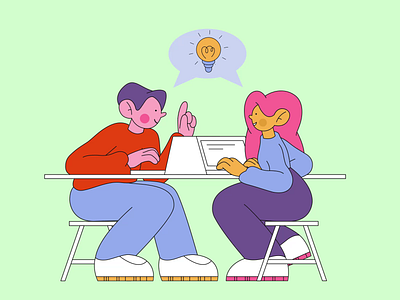 Seated man and woman working together on new ideas 2d animation brainstorm brainstorming character animation character design creative discuss discussing problem graphic design idea idea bulb illustration json lottie man motion design motion graphics woman work