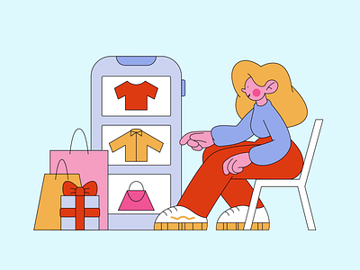 Woman shopping for clothes online 2d after effects animation buy buying character animation character design customer illustration motion graphics online shopping phone shop shopping shopping bags store woman