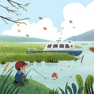 Fishing cute illustration adventure children childrens book childrens illustration cute illustration design fish fishing illustration lake procreate