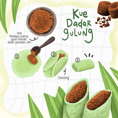 Dadar Gulung Food Illustration branding cake dessert food graphic design illustration indonesian ingredients menu poster recipe restaurant sweet traditional