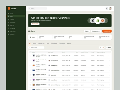 Bazaar - Orders Page Dashboard animation b2b charts clean dashboard dipa inhouse ecommerce interaction design marketing modern order pricing product design saas sales startup table ui ui design web app