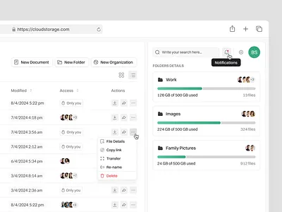 Cloud Storage. Folders info app design cloud storage documents file weight files folders lightbox minimalism modal menu notifications product agancy product design product web design progress bar project access storage ui ui design userinterface users