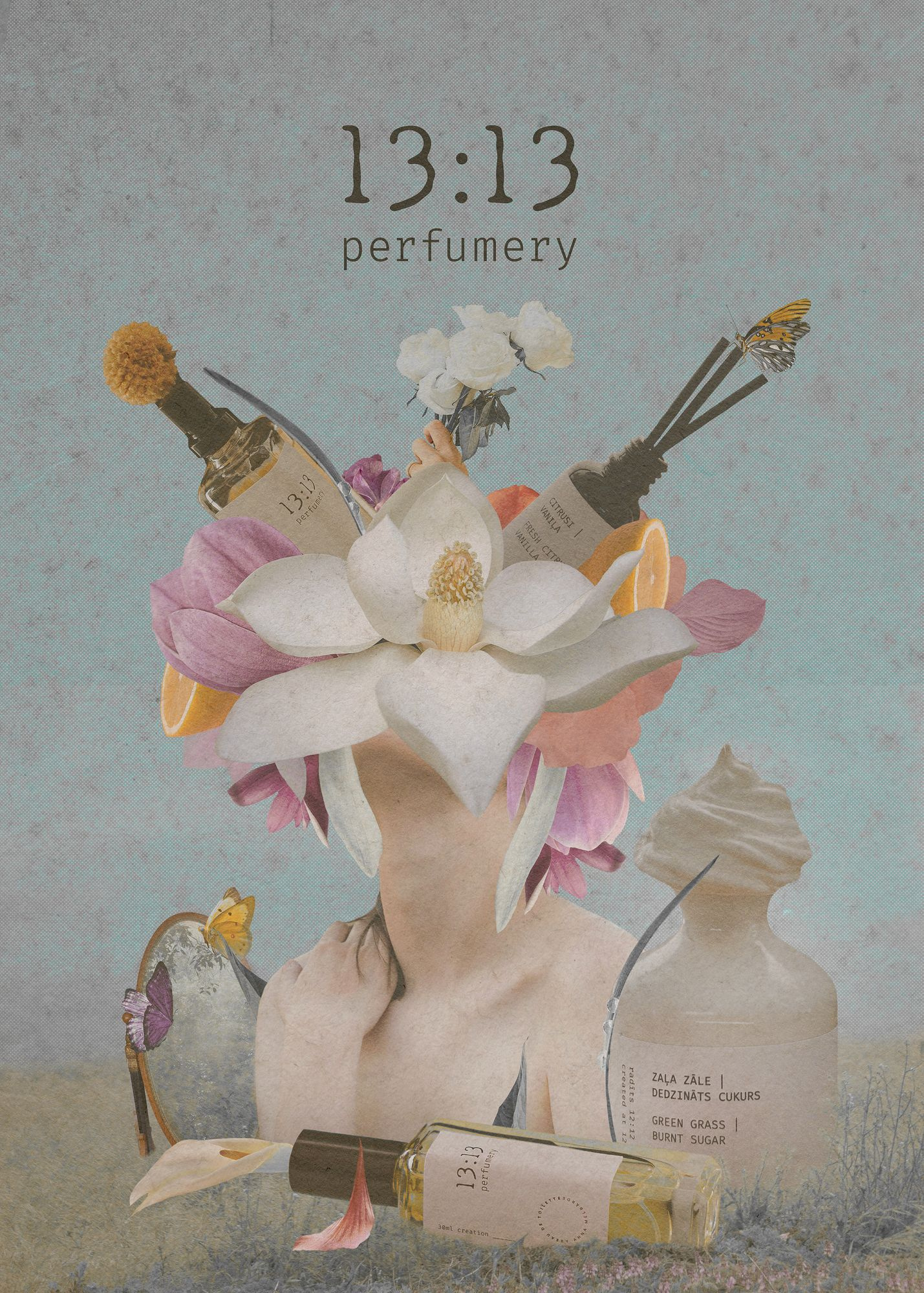 13:13 Perfumery brand branding butterfly collage commercial digital illustration editorial flowers nature perfumery perfumes personalised collage poster