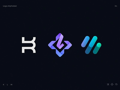 Logo Alphabet 04 - K, L, M ai alphabet blockchain branding defi design fintech gaming gradient icon identity k l lettering letters logo m tech type web3