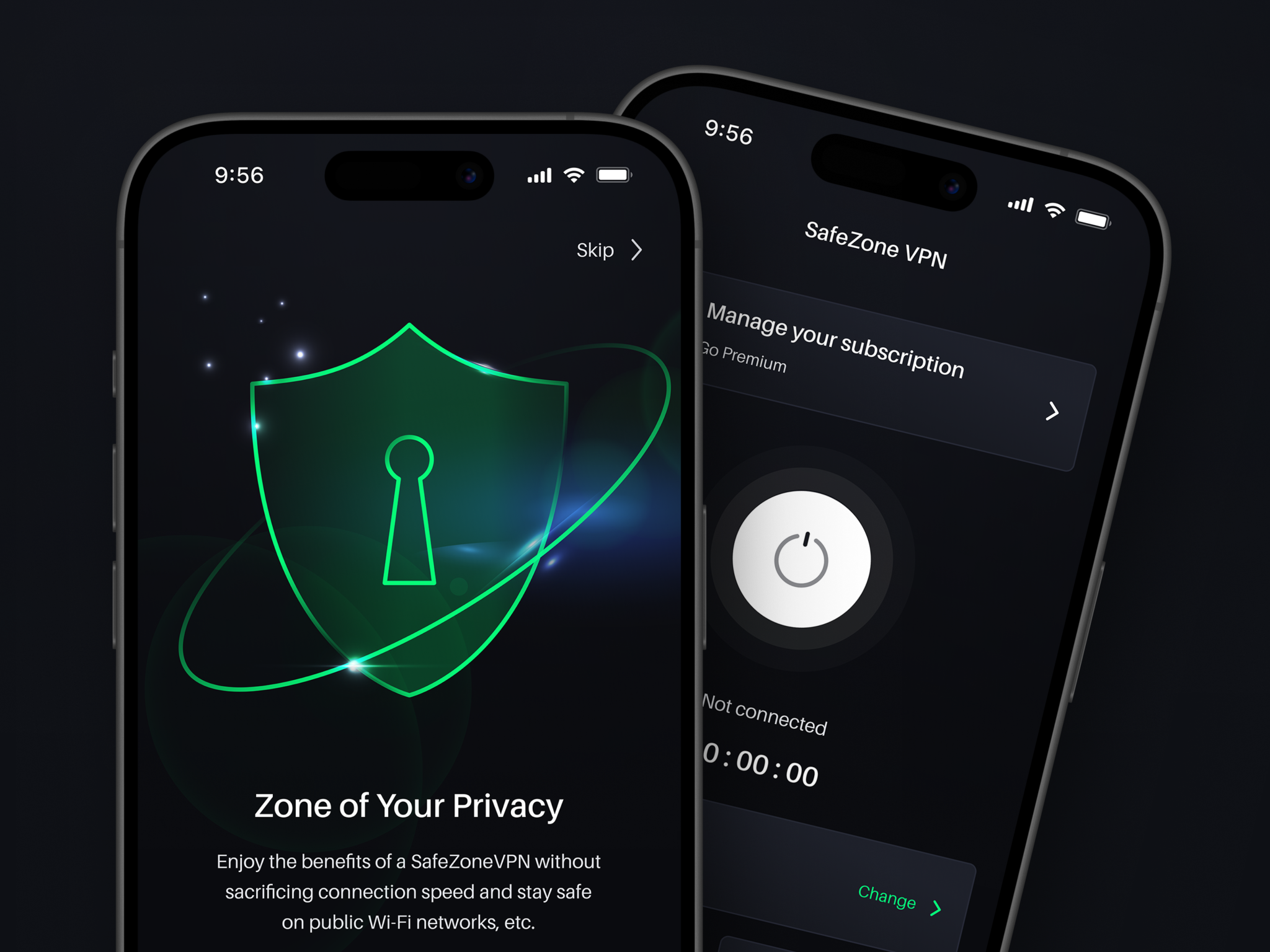 VPN Mobile App - Safezone VPN app application dark design homepage ios location mobile mobile app modal onboarding premium pro safe settings subscribtion user interface utilities vpn vpn app