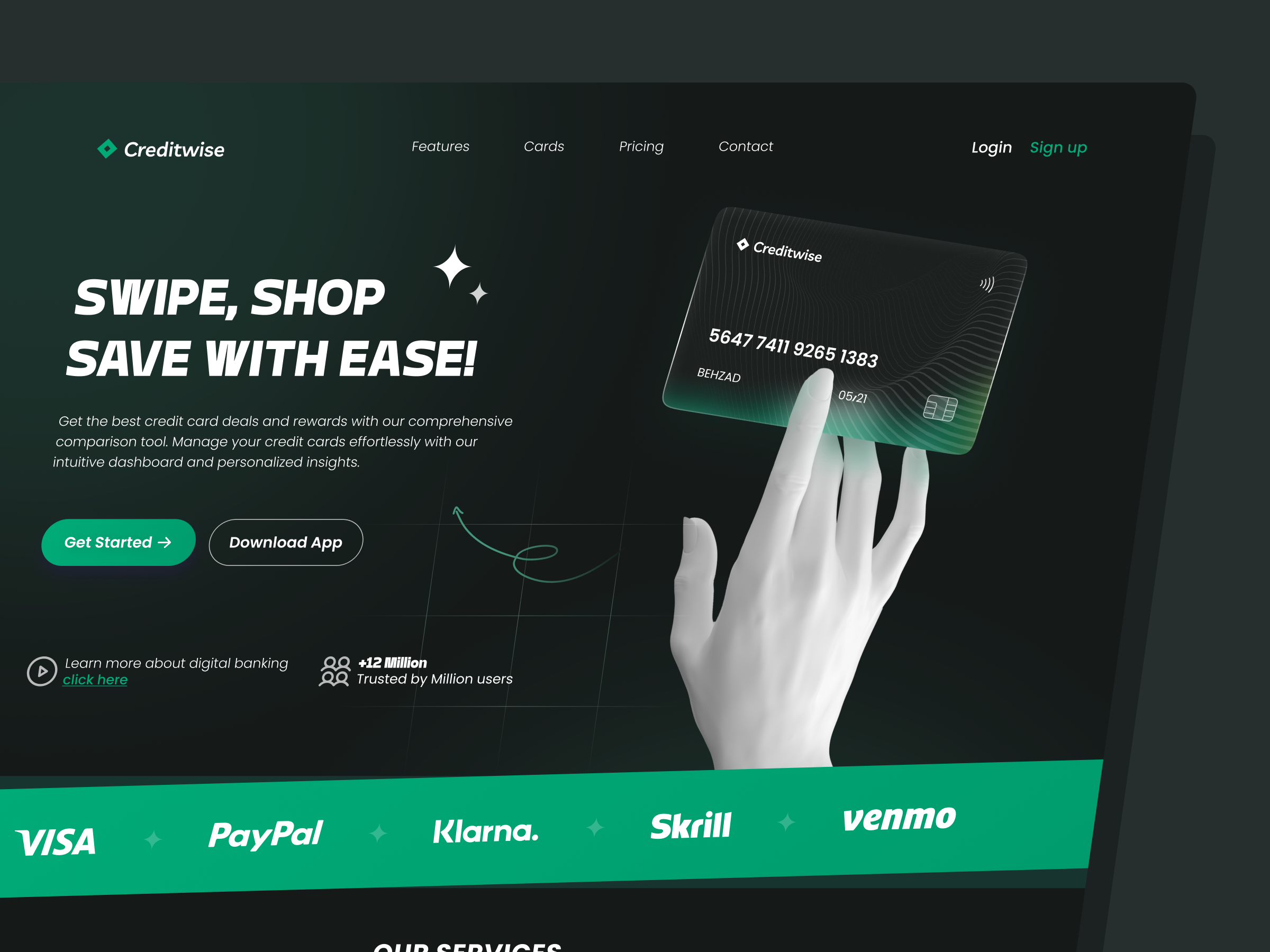Creditwise - Credit Card Website card creditcard dark design desktop homepage landing site trend ui uiux ux web website