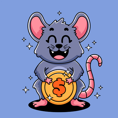 Cartoon Rat Holding Gold Coin animal cartoon character coin colorful cute design dollar gold graphic design illustration mascot money mouse rat
