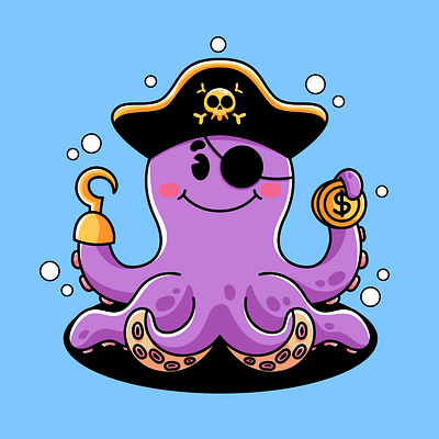 Cartoon Pirate Octopus animal cartoon character coin colorful cute design gold graphic design illustration octopus pirate sea