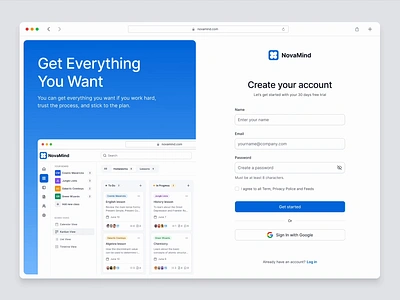 NovaMind - Log in and Sign up Page animation app design figma product design ui ux web