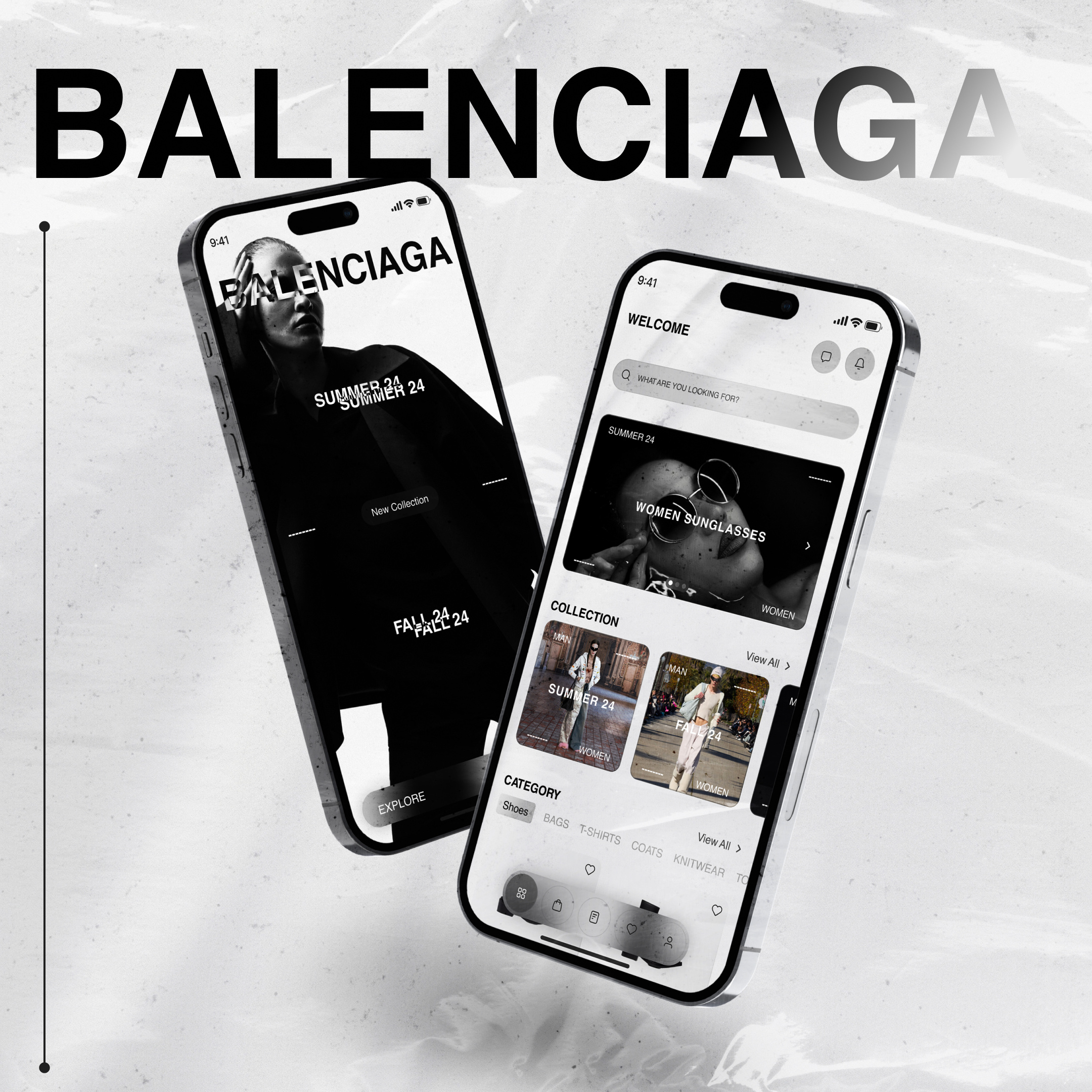 BALENCIAGA MOBILE APP DESIGN CONCEPT app brand identity branding concept dark design system ecommerce fashion figma glassmorph graphic design illustration light minimalism mobile mockup modern ui ux website