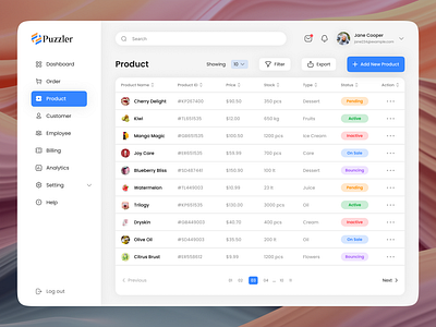 Product list table page UI - Puzzler SaaS catalog list chart clean minimal design dashboard e commerce inventory list products listing product product design product list product list page product page product stock saas design sales table ui ux web design