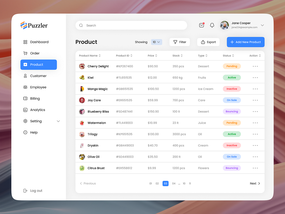 Product list table page UI - Puzzler SaaS by Zahidul Hossain on Dribbble