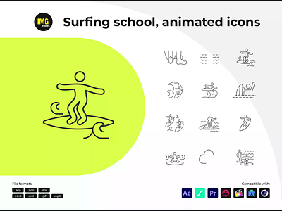 Surfing school, animation icons 2d animation branding design graphic design motion graphics ui