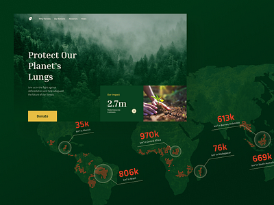 Save Our Forests - hero section and infographics claim cta donate button ecology forests green planet green web design header headline hero image infographics landing page map menu planet earth slider stats sustainability top navigation web design